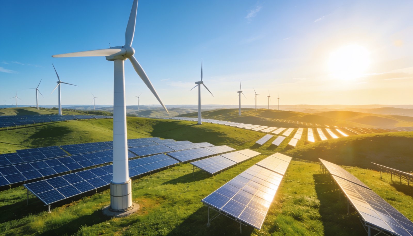 Solar panels and wind turbines at sunset